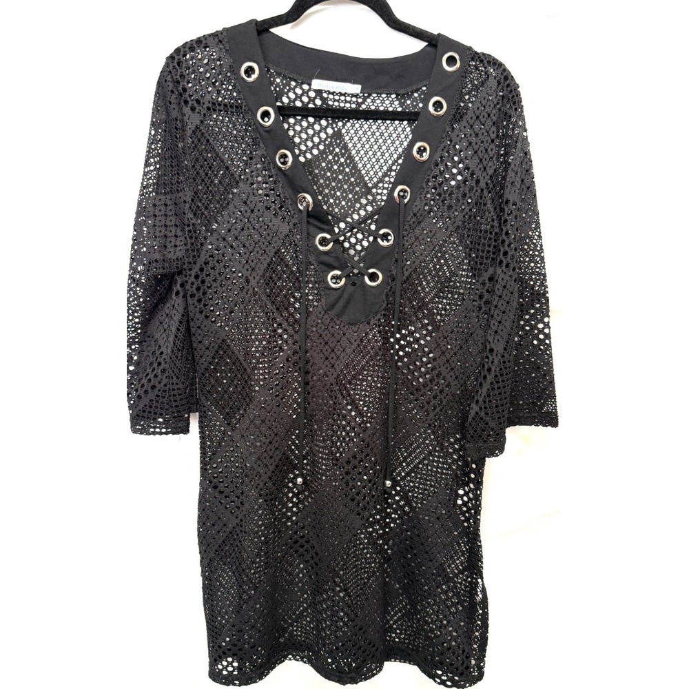 Blue Island Women's Medium Black 3/4 Sleeve Mesh Knit Swimsuit Cover-Up Dress